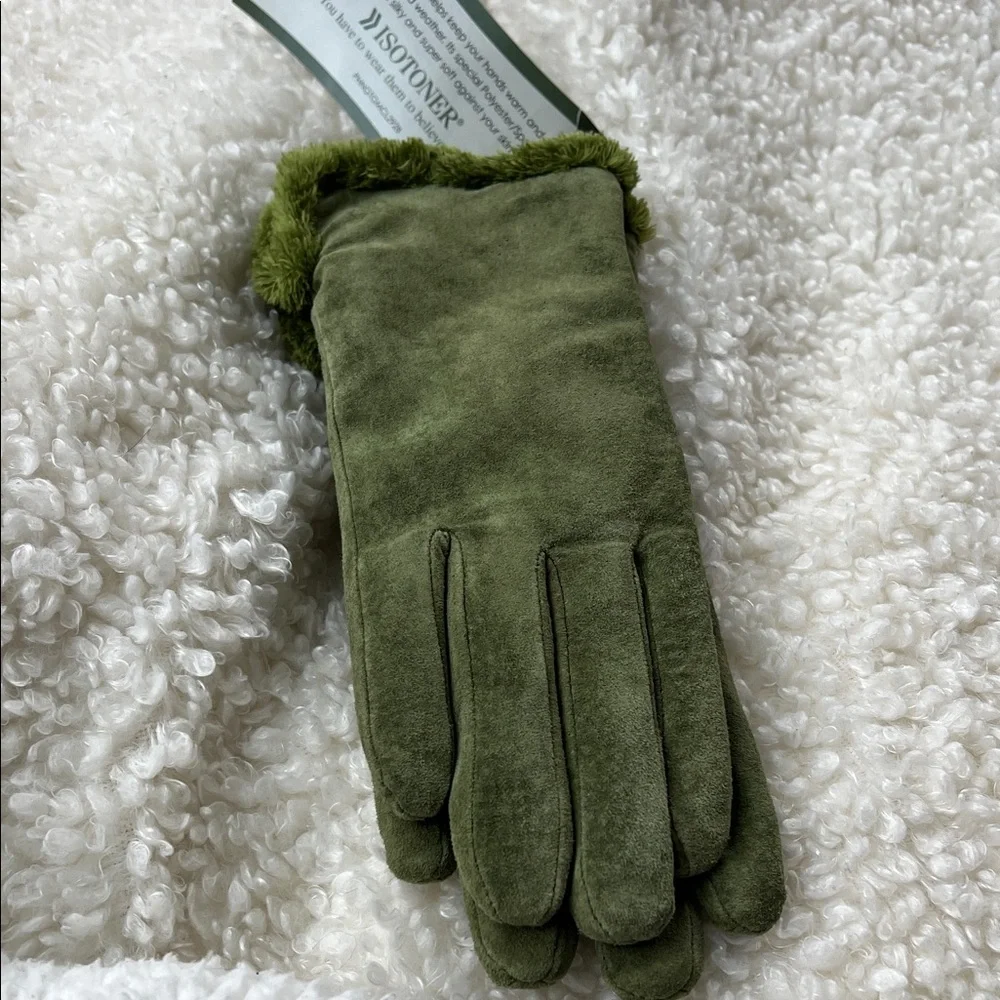 Isotoner Olive Green Suede Genuine Leather Women's Gloves NWT Size S - Picture 4 of 14